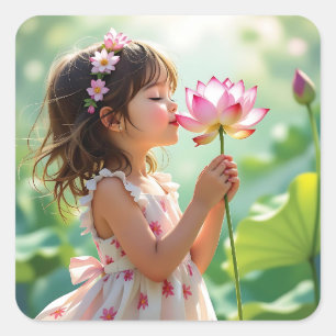 Mooie kleine meid die een roze roos ruikt vierkante sticker