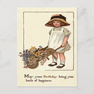Mooie Kleine Meisje Kruiwagen Bloemen Briefkaart