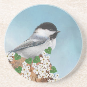 Mooie kleine vogel & bloemen op hemelsblauw zandsteen onderzetter