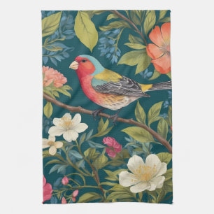 Mooie kleurrijke Finch Bird Botanical Theedoek
