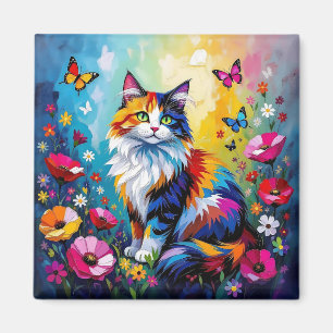 Mooie Kleurrijke Impasto Kat en Bloemen Magneet