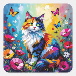 Mooie Kleurrijke Impasto Kat en Bloemen Vierkante Sticker