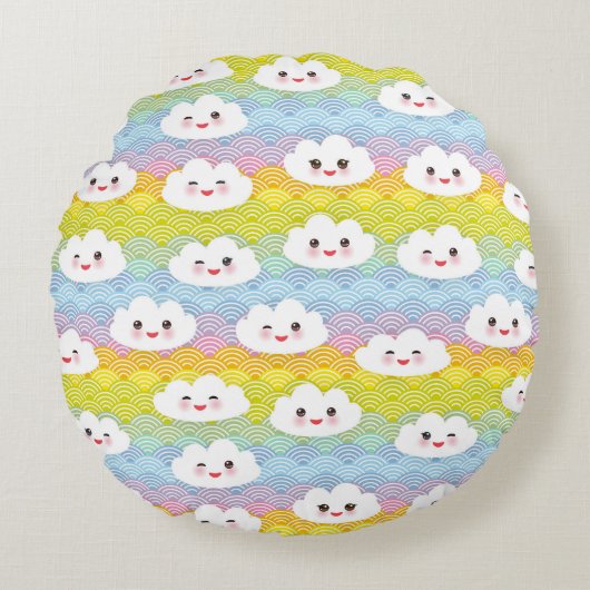 Mooie Kleurrijke Kawaii Emoji Wolken Patroon Rond Kussen (Voorkant)