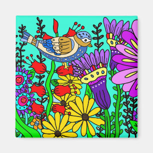 Mooie Kleurrijke Volks Kunststijl Vogel en Bloemen Magneet
