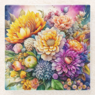 Mooie Kleurrijke Waterverf Ai Kunst Bloemen  Glazen Onderzetter
