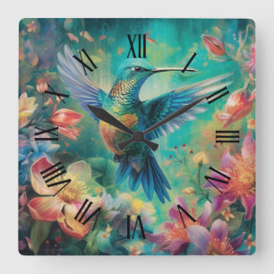 Mooie kolibrie omringd door bloemen vierkante klok