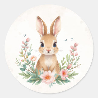 Mooie Konijn met Bloemen Ronde Sticker | Roze Lent