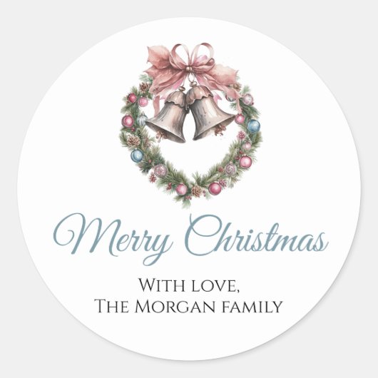 Mooie Krans Bell & Roze Ribbon Bow Ronde Sticker (Voorkant)