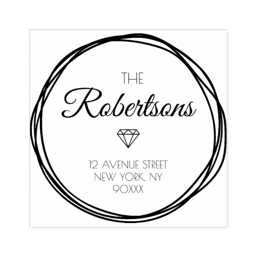 Mooie krans en scriptadres 	rubberstempel (Afrduk)