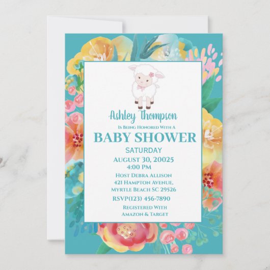 Mooie Lam Teal Blauwe Bloem Baby Shower Uitnodigin Kaart (Voorkant)