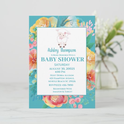 Mooie Lam Teal Blauwe Bloem Baby Shower Uitnodigin Kaart (Staand voorkant)