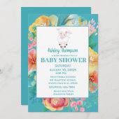 Mooie Lam Teal Blauwe Bloem Baby Shower Uitnodigin Kaart (Voorkant / Achterkant)