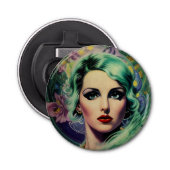 Mooie lavendel en groene Retrostijl ruimtevrouw Button Flesopener (Voorkant)