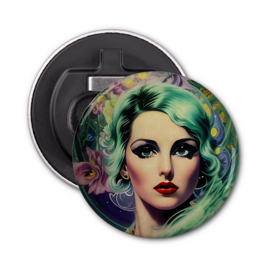 Mooie lavendel en groene Retrostijl ruimtevrouw Button Flesopener (Voorkant)