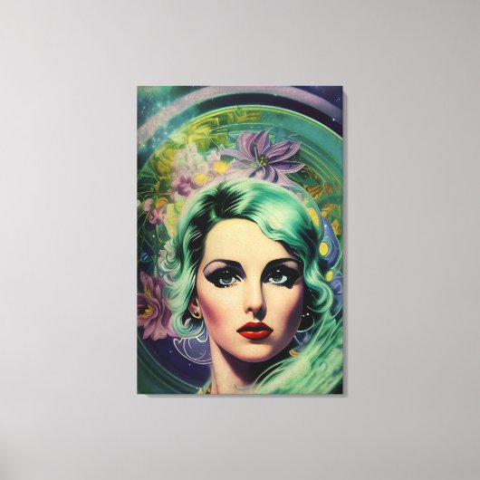 Mooie lavendel en groene Retrostijl ruimtevrouw Canvas Afdruk (Voorkant)