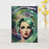 Mooie lavendel en groene Retrostijl ruimtevrouw Kaart (Gele Bloem)