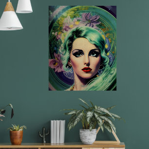 Mooie lavendel en groene Retrostijl ruimtevrouw Poster
