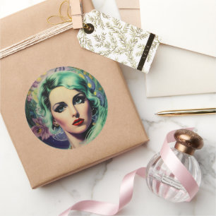 Mooie lavendel en groene Retrostijl ruimtevrouw Ronde Sticker