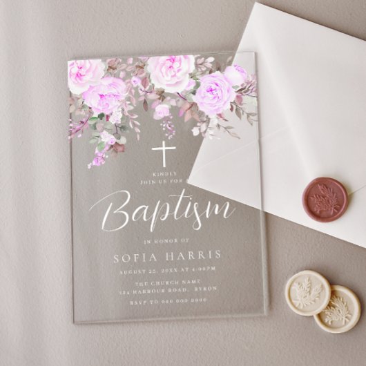 Mooie Lavendel Paarse Violet Baby Meisje Doop Acryl Uitnodigingen