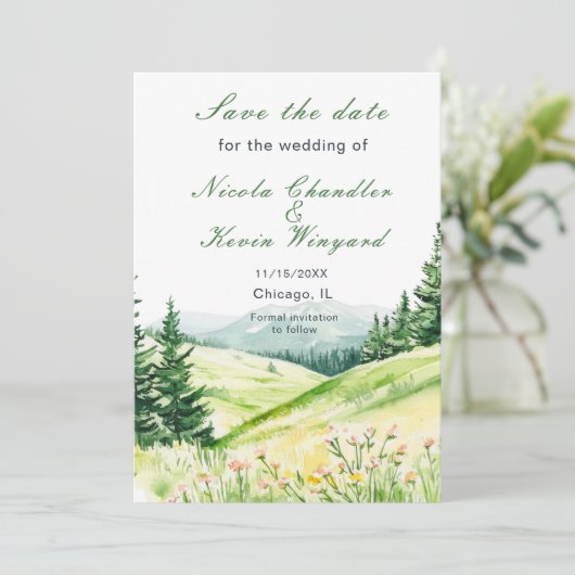 Mooie lente landschap bruiloft save the date (Staand voorkant)