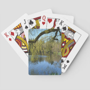 Mooie lente wilgenbomen bij water vijver. pokerkaarten