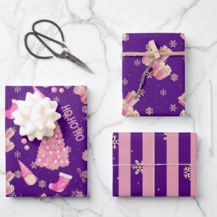 Mooie leuke gouden indigoblauwe roze kerstpatroon inpakpapier vel