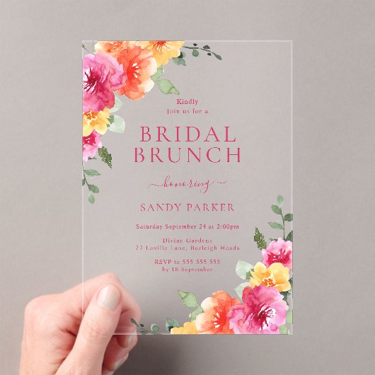 Mooie levendige bloemenbrunch Vrijgezellenfeest Acryl Uitnodigingen (Insitu (Draagbaar))