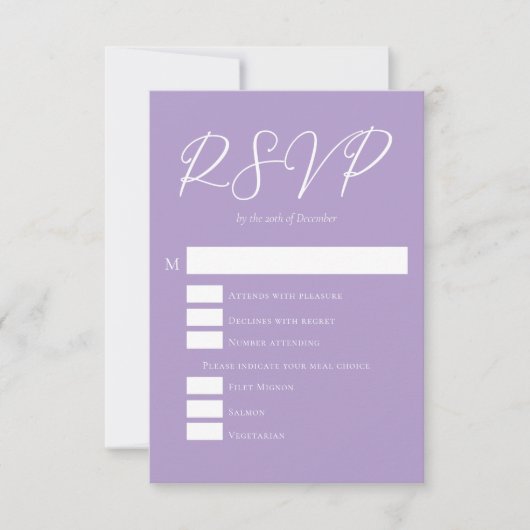 Mooie Lila Paarse witte verticale bruiloft RSVP Kaartje (Voorkant)