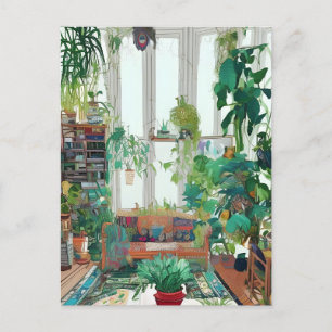 Mooie Living Room vol met tropische Planten AI Briefkaart