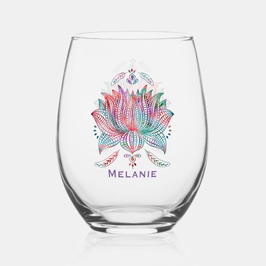 Mooie Lotus Bloem Boho Art gepersonaliseerd Wijnglas Zonder Voet (Voorkant)