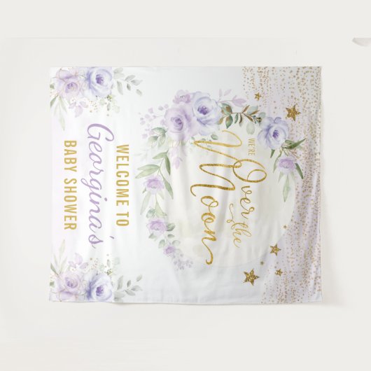 Mooie Maan Sterren Paarse Bloemige Baby Meisje Wel Wandkleed (Voorkant (horizontaal))