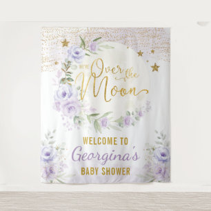 Mooie Maan Sterren Paarse Bloemige Baby Meisje Wel Wandkleed