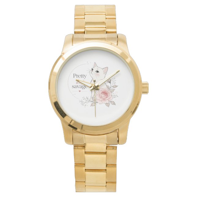 Mooie Maar Savage Witte Kat Rose Horloge (Voorkant)
