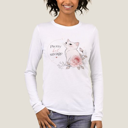 Mooie Maar Savage Witte Kat Rose T-Shirt (Voorkant volledig)