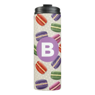 Mooie Macaroon Patroon Stippen Paarse Monogram Thermosbeker