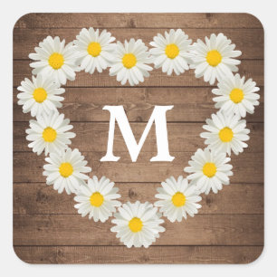 Mooie Madeliefjes Monogram Trouw Rustieke Houten Vierkante Sticker