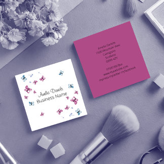 Mooie magenta roze en blauwe vlinderplein vierkante visitekaartje