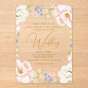 Mooie Magnolia Bloem Lente Monogram Huwelijk Acryl Uitnodigingen