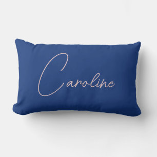 Mooie marineblauwe gepersonaliseerde roze script n kussen