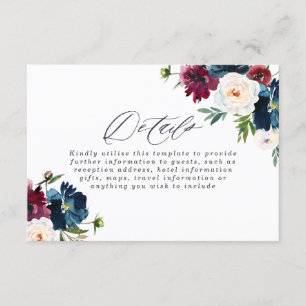 Mooie marinemacht Burgundy Red Blush Floral Weddin Informatiekaartje