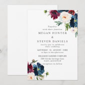 Mooie marinemacht Burgundy Red Blush Floral Weddin Kaart (Voorkant / Achterkant)