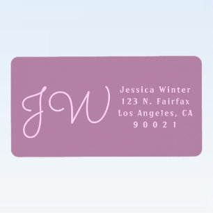 Mooie mauve/roze monogram retouradreslabels etiket