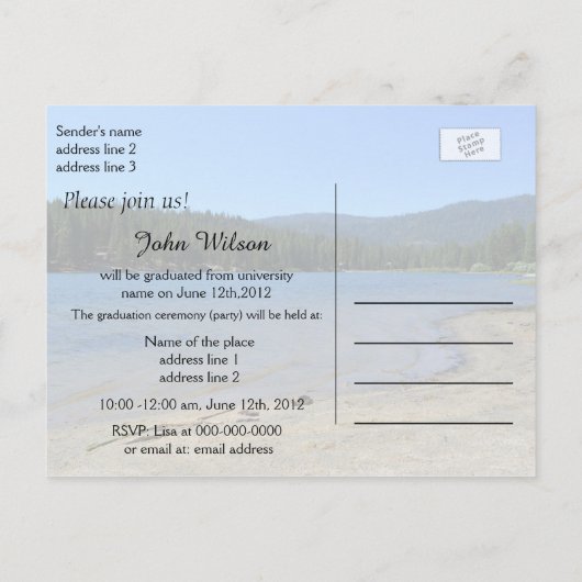 mooie meer, blauwe hemel, met bomen afgestudeerde uitnodiging briefkaart (Achterkant)