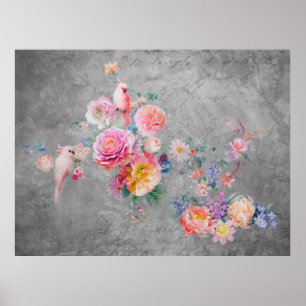 Mooie meerkleurige bloemen en vogels in de maak poster