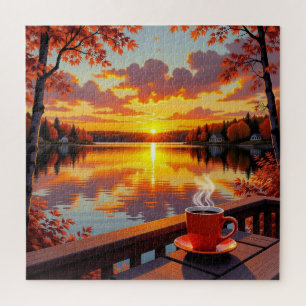 Mooie meerzijde uitzicht op een zonsopgang en warm legpuzzel