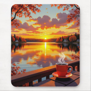 Mooie meerzijdeweergave van een zonsopgang en warm muismat
