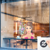 Mooie meisje en bloemenschoonheidssalon met QR-cod Raamsticker (Cafe Raam)