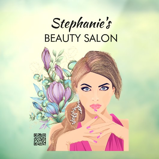 Mooie meisje en bloemenschoonheidssalon met QR-cod Raamsticker (Vel 3)