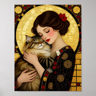 Mooie Meisje en Knuffelkat Art Nouveau Gustav Klim Poster