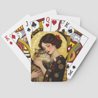 Mooie meisje en schattige kat Art Nouveau Gustav K Pokerkaarten